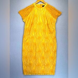 Ashro Women 1X Yellow Lace Overlay Midi Dress Back Zipper Cap Sleeve Floral